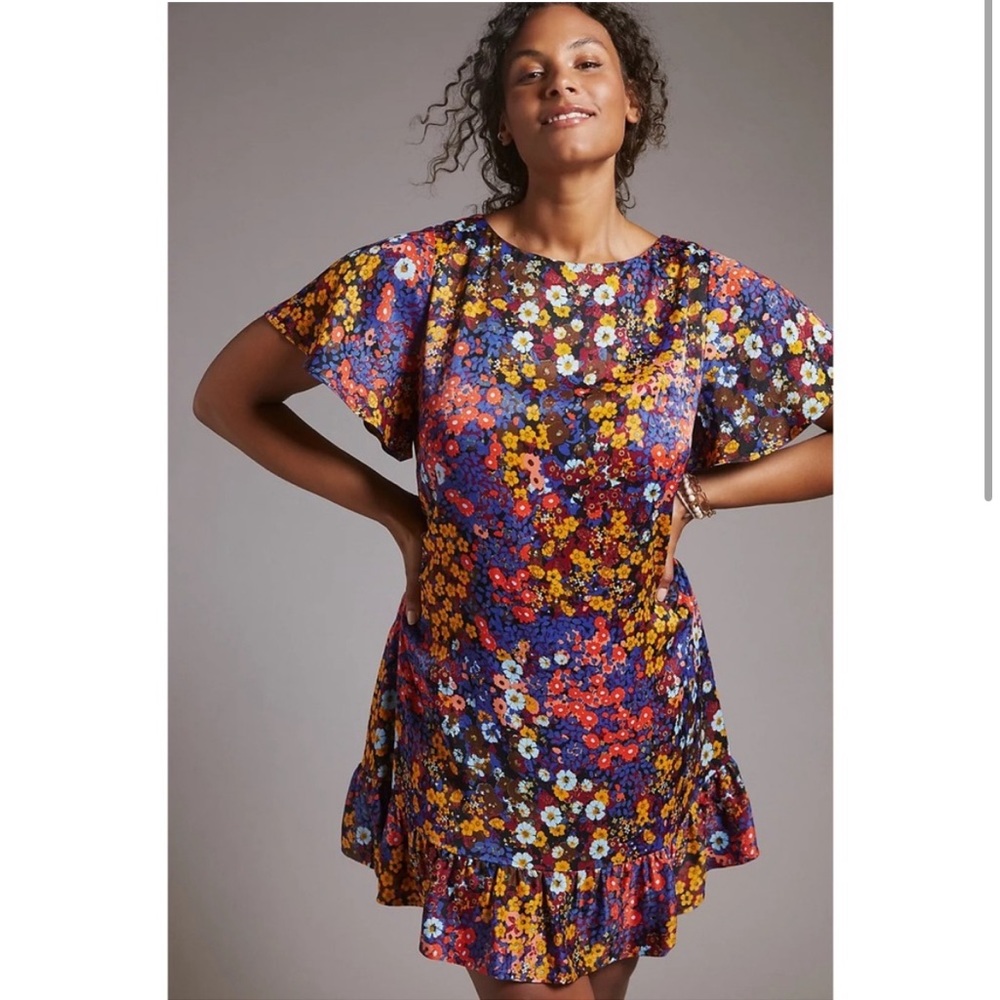 Anthropologie Ruffle Hem Floral Satin Mini Dress